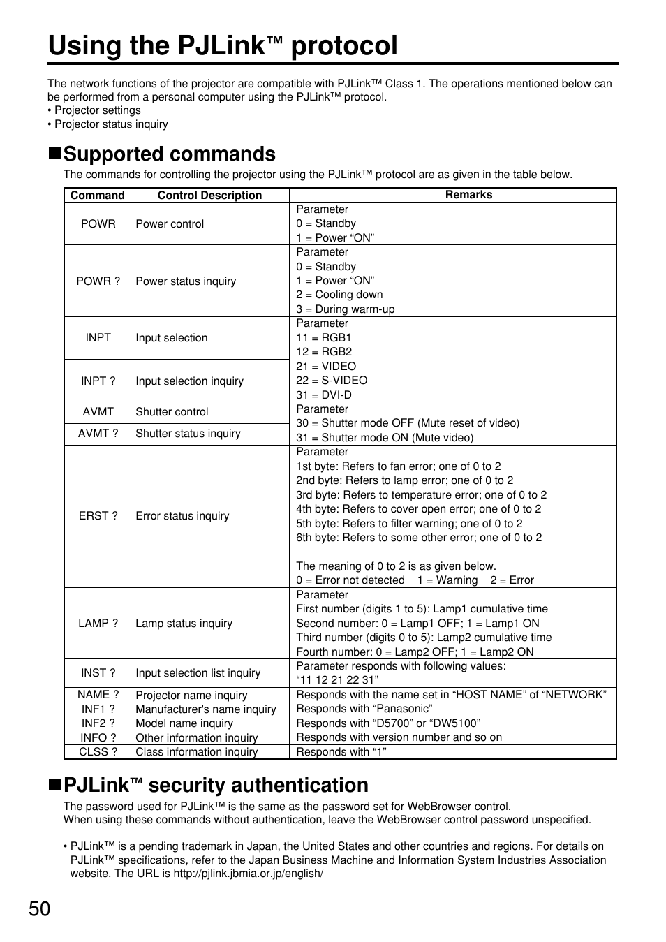 Using the pjlink, Protocol, Supported commands | Pjlink, Security authentication | Panasonic PT DW5100UL User Manual | Page 50 / 72