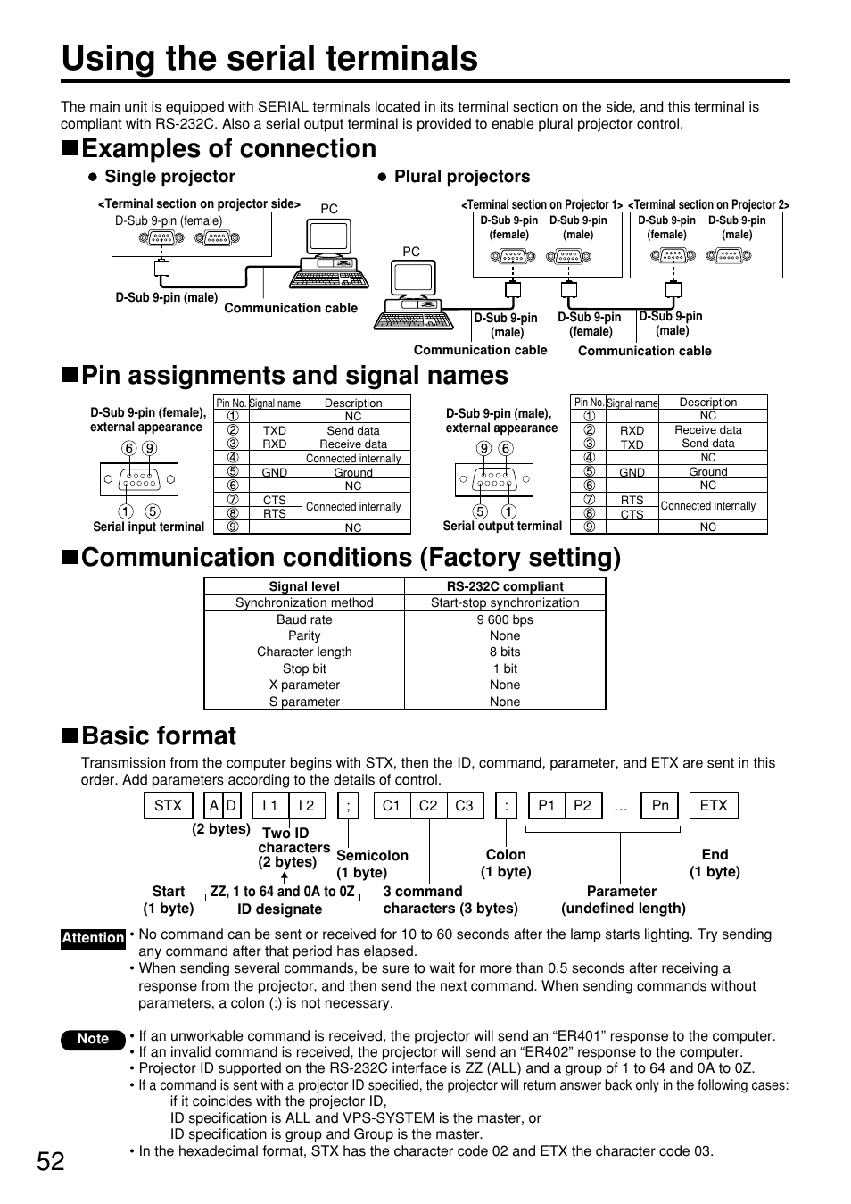 Using the serial terminals, Examples of connection, Single projector plural projectors | Panasonic PT DW5100UL User Manual | Page 52 / 72