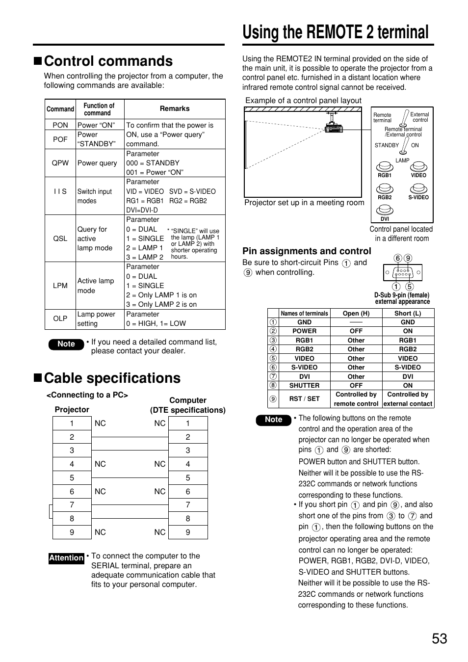 Using the remote 2 terminal, Cable specifications control commands, Pin assignments and control | Panasonic PT DW5100UL User Manual | Page 53 / 72