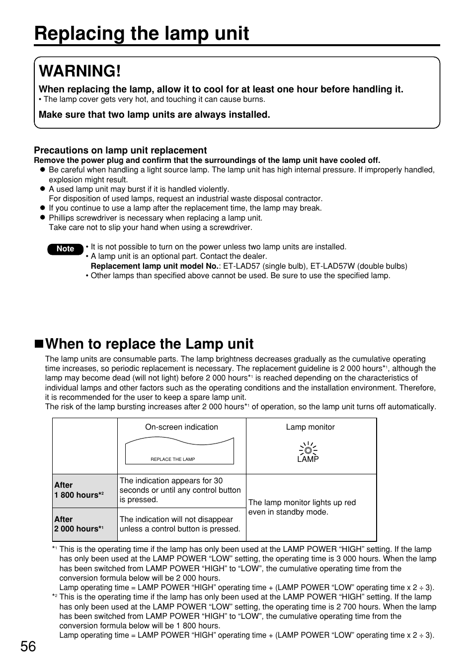 Replacing the lamp unit, Warning, When to replace the lamp unit | Panasonic PT DW5100UL User Manual | Page 56 / 72