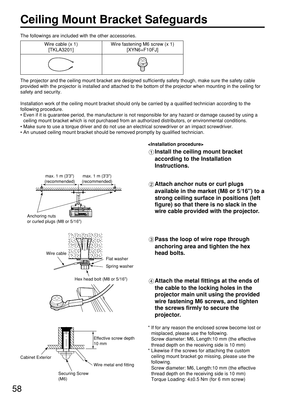 Ceiling mount bracket safeguards | Panasonic PT DW5100UL User Manual | Page 58 / 72
