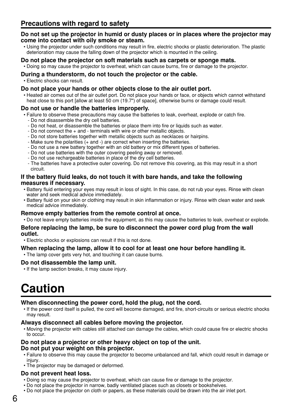 Caution, Precautions with regard to safety | Panasonic PT DW5100UL User Manual | Page 6 / 72