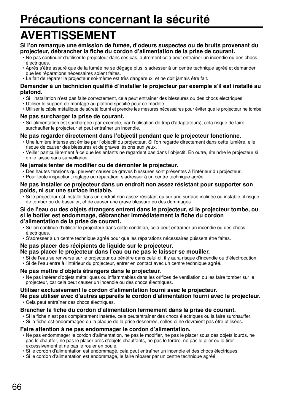 Précautions concernant la sécurité avertissement | Panasonic PT DW5100UL User Manual | Page 66 / 72