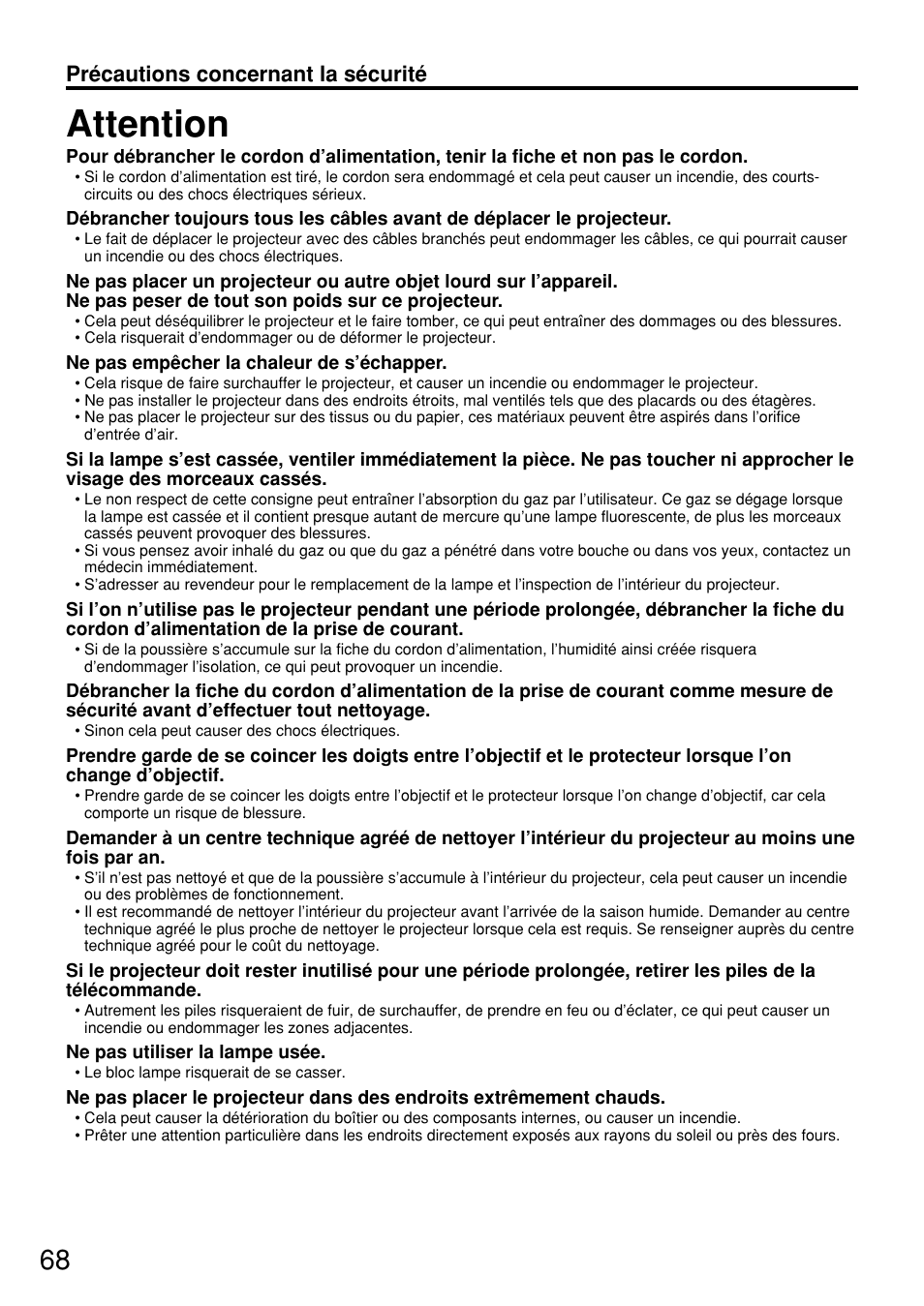 Attention, Précautions concernant la sécurité | Panasonic PT DW5100UL User Manual | Page 68 / 72