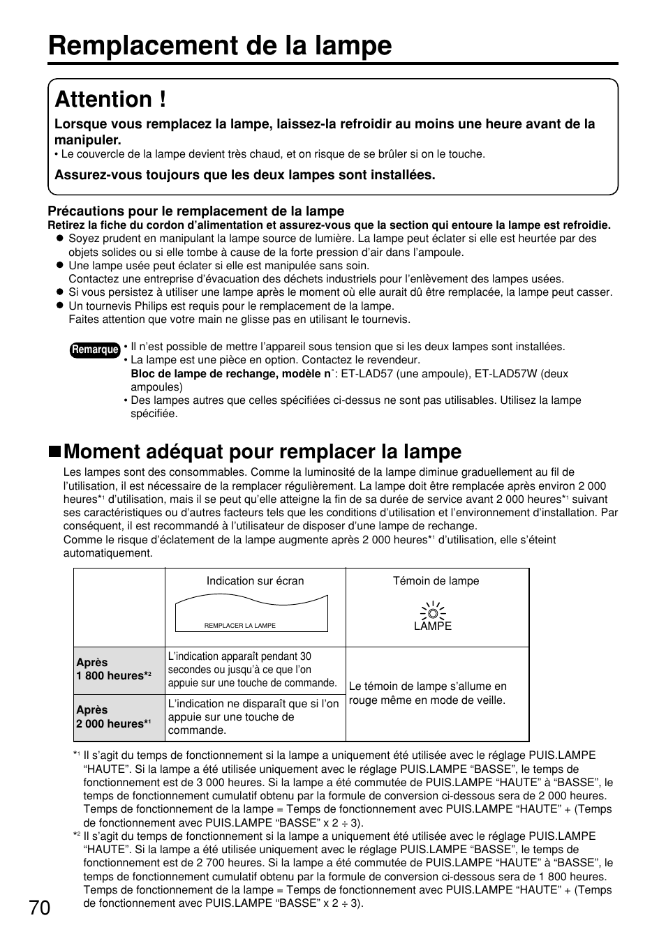 Remplacement de la lampe, Attention, Moment adéquat pour remplacer la lampe | Panasonic PT DW5100UL User Manual | Page 70 / 72
