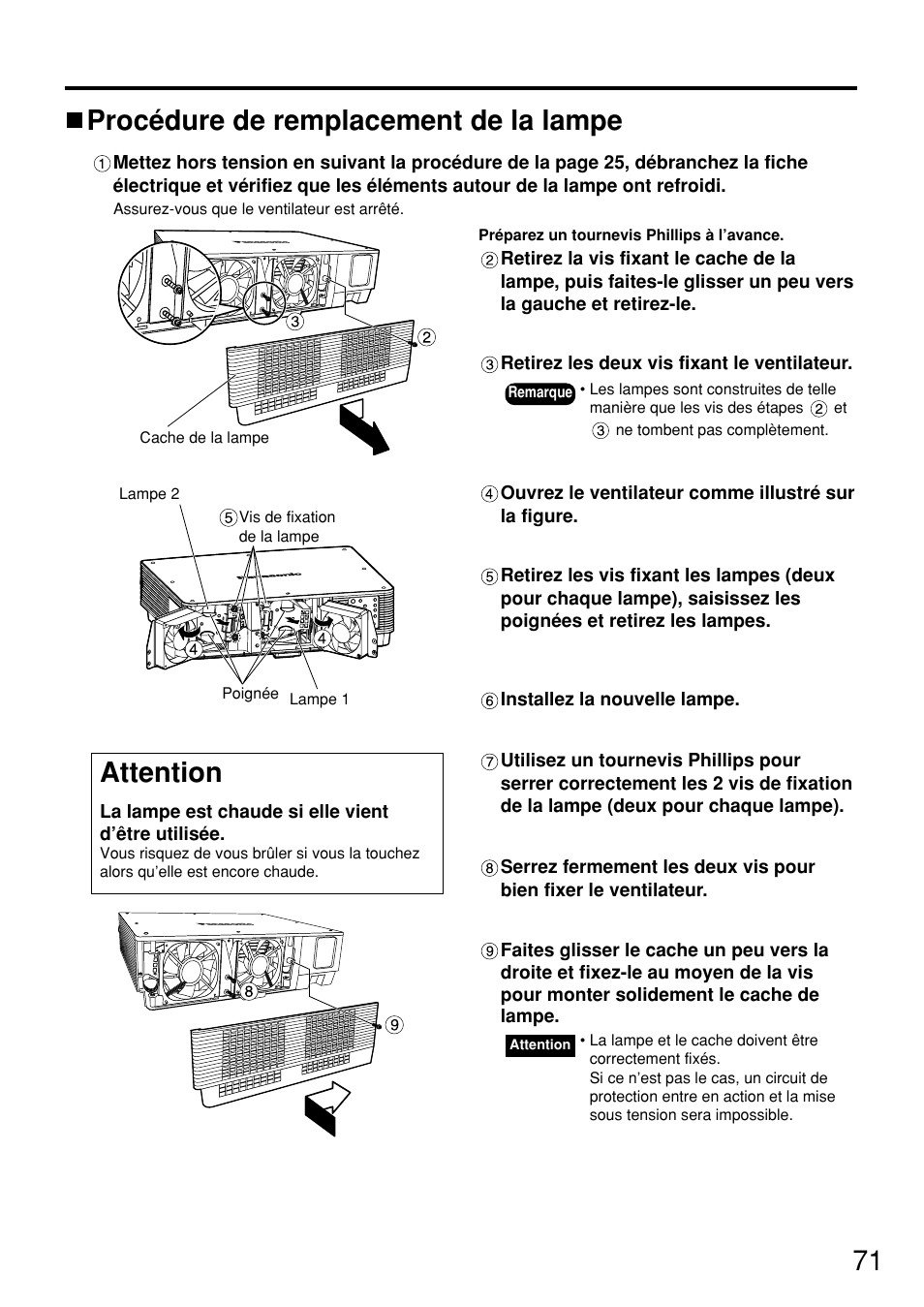 71 procédure de remplacement de la lampe, Attention | Panasonic PT DW5100UL User Manual | Page 71 / 72