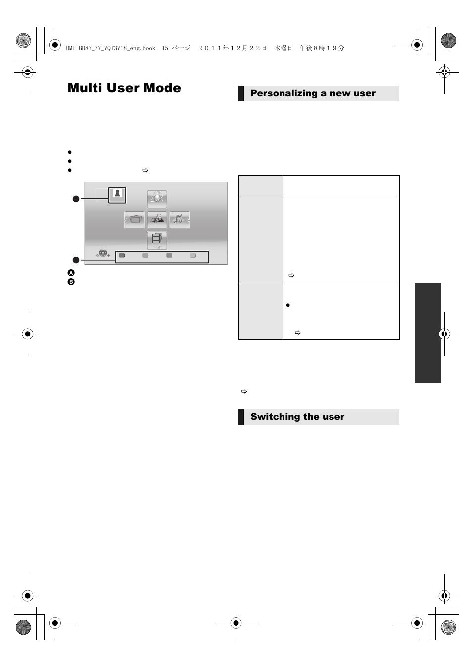 Multi user mode, Personalizing a new user, Switching the user | Panasonic DMP-BD871 User Manual | Page 15 / 40