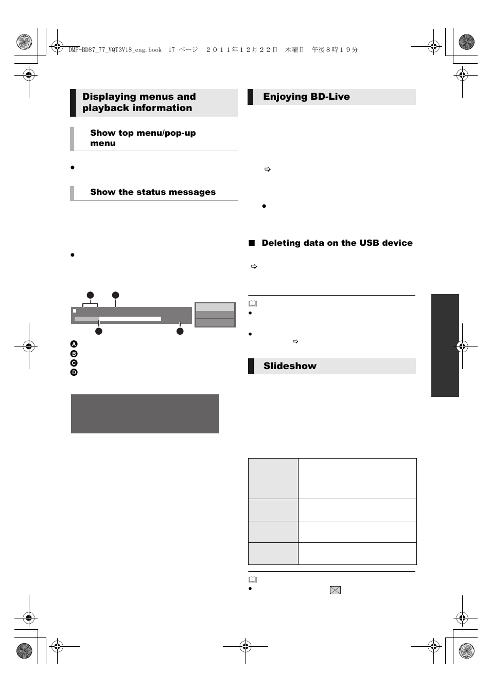 Displaying menus and playback information, Enjoying bd-live slideshow | Panasonic DMP-BD871 User Manual | Page 17 / 40