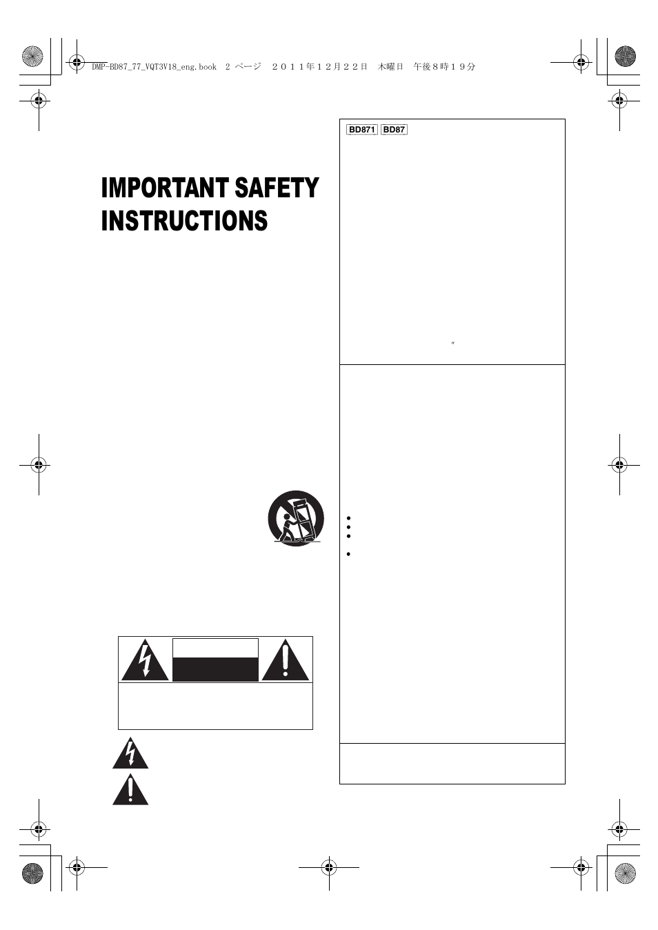 Important safety instructions, Caution | Panasonic DMP-BD871 User Manual | Page 2 / 40