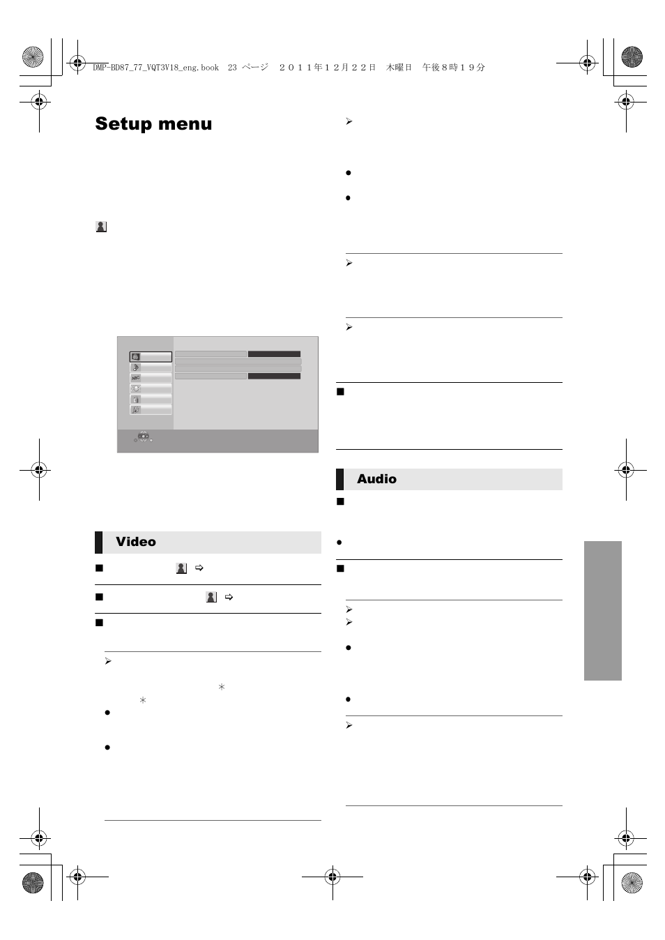 Setup menu, Video, Audio | Panasonic DMP-BD871 User Manual | Page 23 / 40