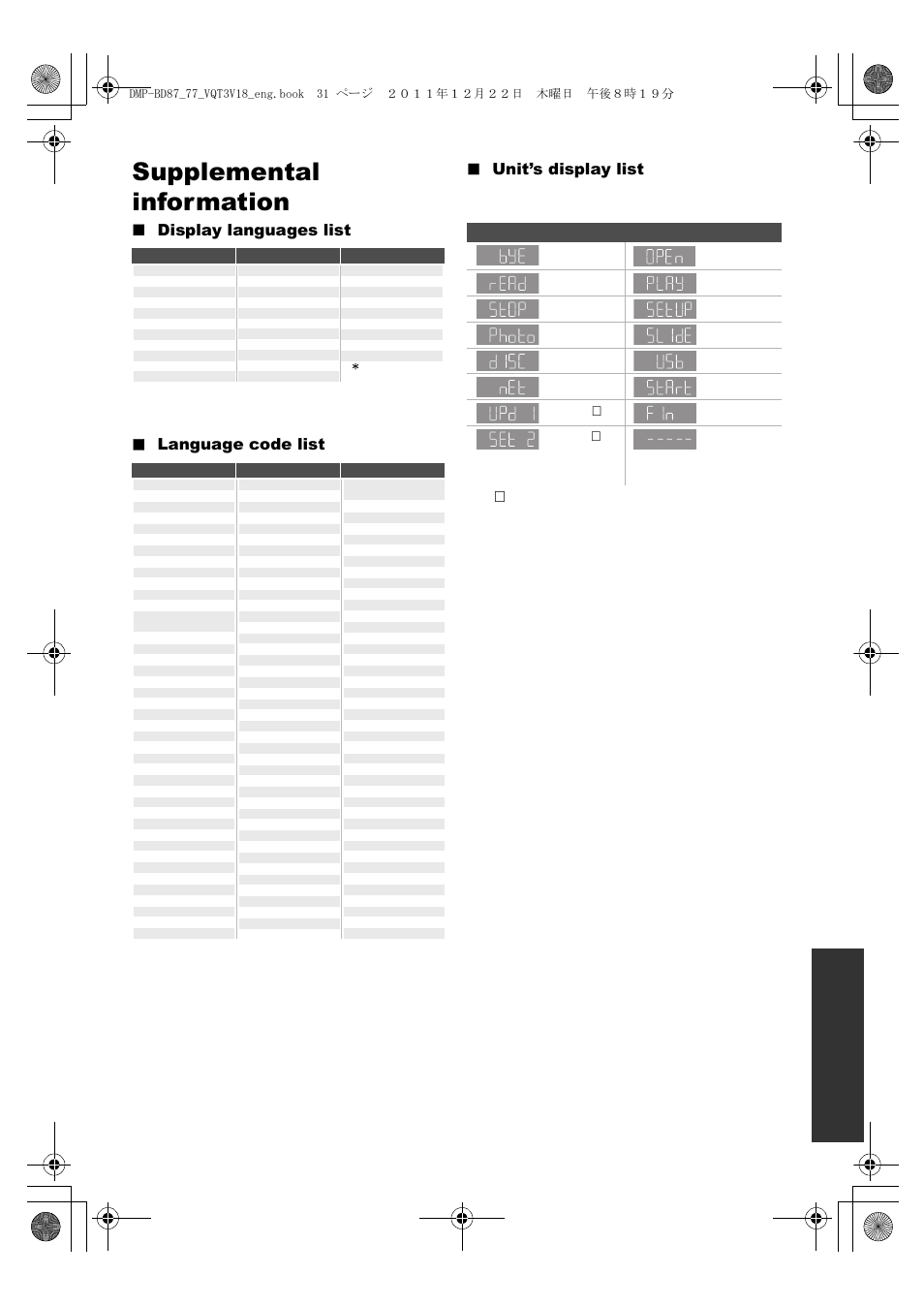 Supplemental information, Display reading display reading, Referen ce | Panasonic DMP-BD871 User Manual | Page 31 / 40
