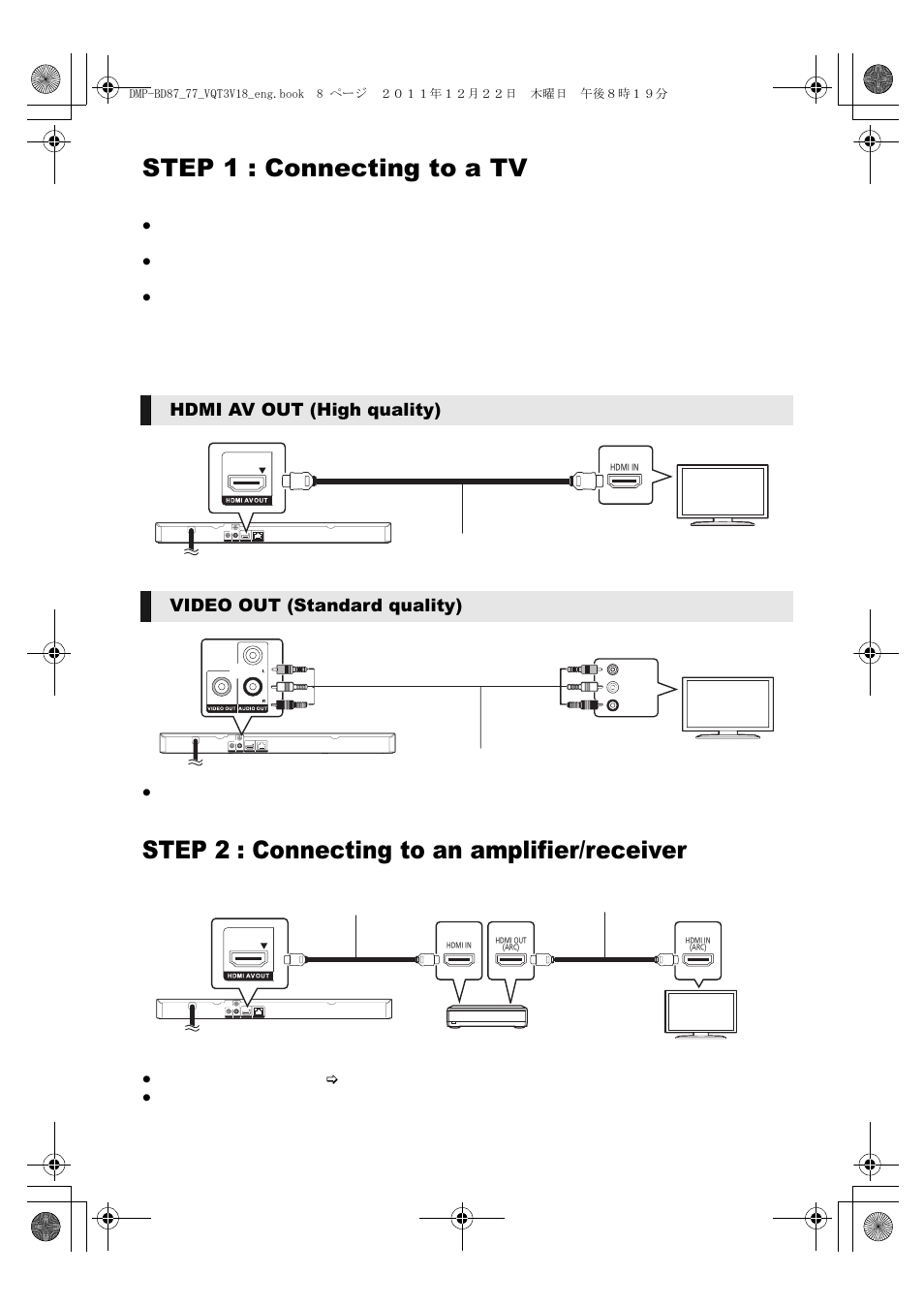 Step 1 : connecting to a tv, Step 2 : connecting to an amplifier/receiver | Panasonic DMP-BD871 User Manual | Page 8 / 40