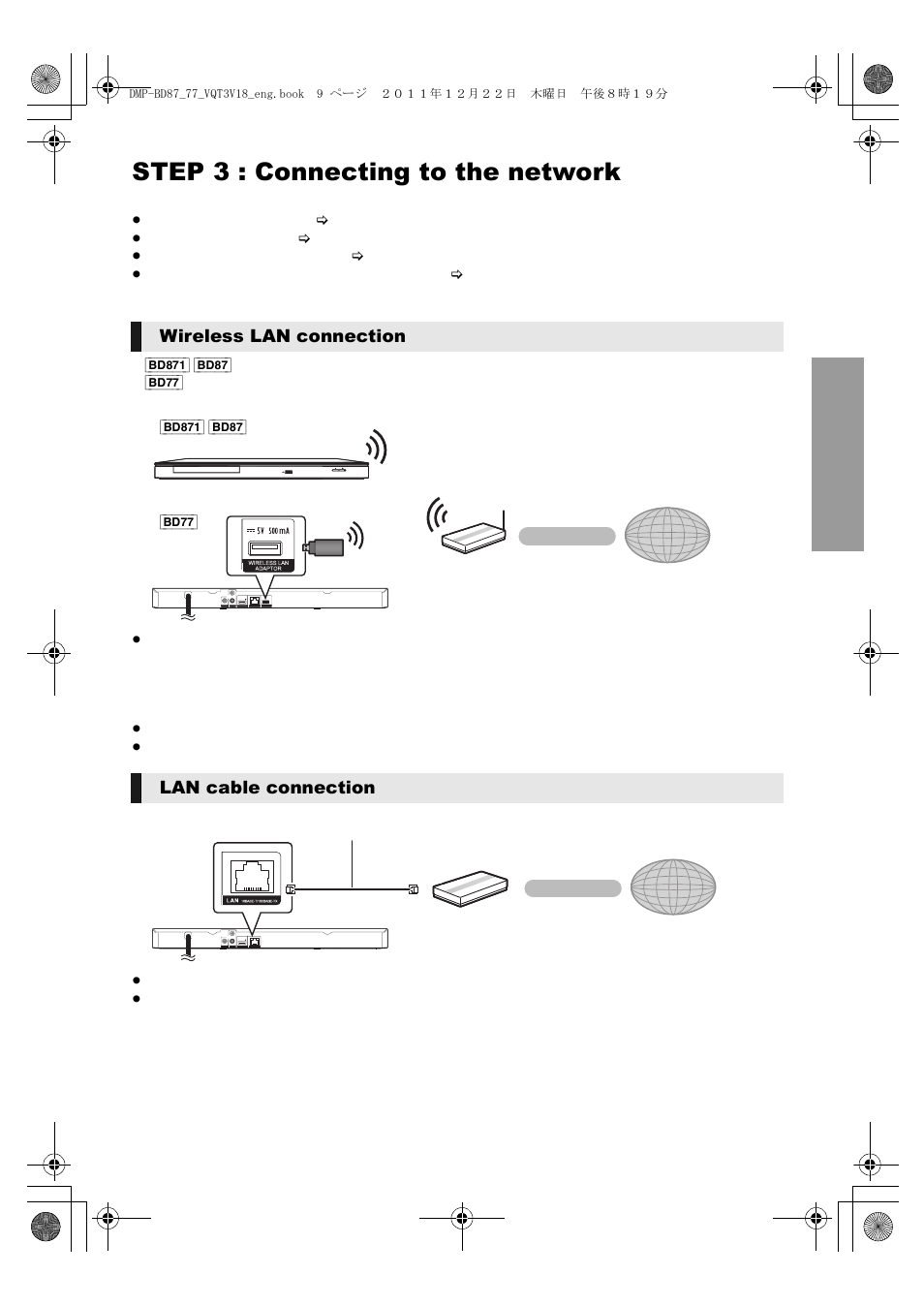 Step 3 : connecting to the network, Wireless lan connection lan cable connection | Panasonic DMP-BD871 User Manual | Page 9 / 40