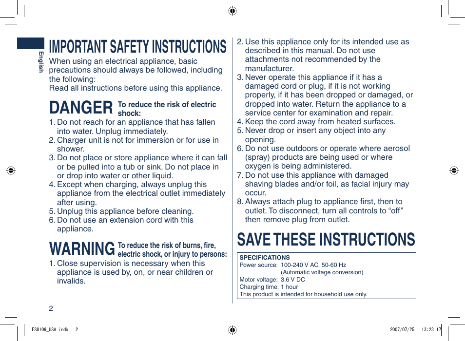 Important safety instructions, Danger, Warning | Save these instructions | Panasonic ES8109 User Manual | Page 2 / 32