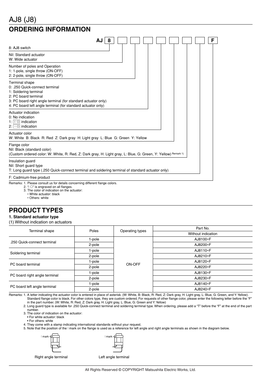 Aj8 (j8), Ordering information product types, Aj 8 f | Panasonic AJ8 (J8) User Manual | Page 2 / 6