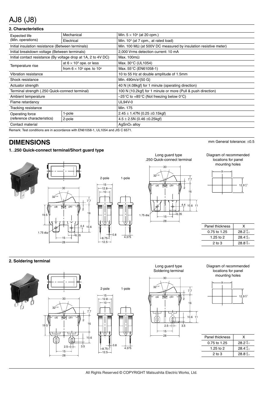 Aj8 (j8), Dimensions, Characteristics | 1 quick-connect terminal/short guard type, Soldering terminal | Panasonic AJ8 (J8) User Manual | Page 4 / 6