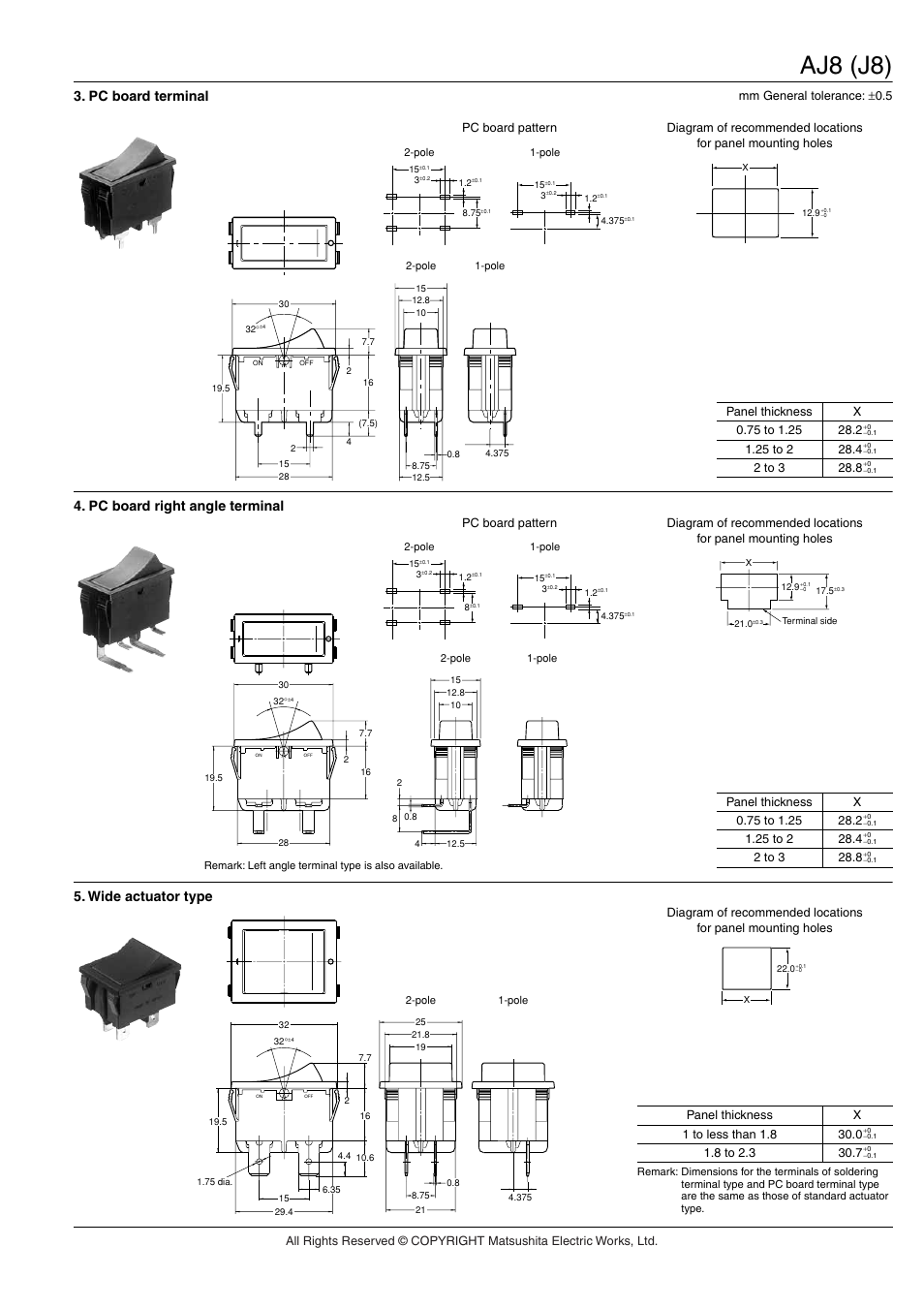 Aj8 (j8), Pc board terminal, Pc board right angle terminal | Wide actuator type | Panasonic AJ8 (J8) User Manual | Page 5 / 6