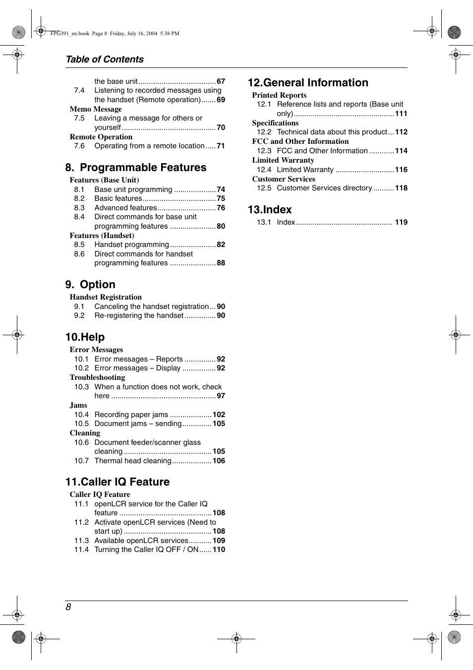 Programmable features, Option, Help | Caller iq feature, General information, Index | Panasonic KX-FPG391 User Manual | Page 10 / 126