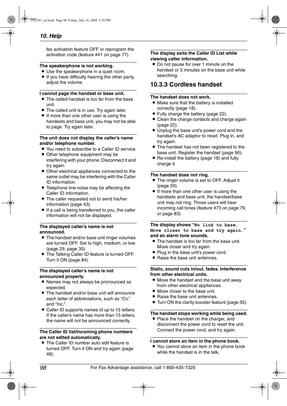 3 cordless handset, Help 98 | Panasonic KX-FPG391 User Manual | Page 100 / 126