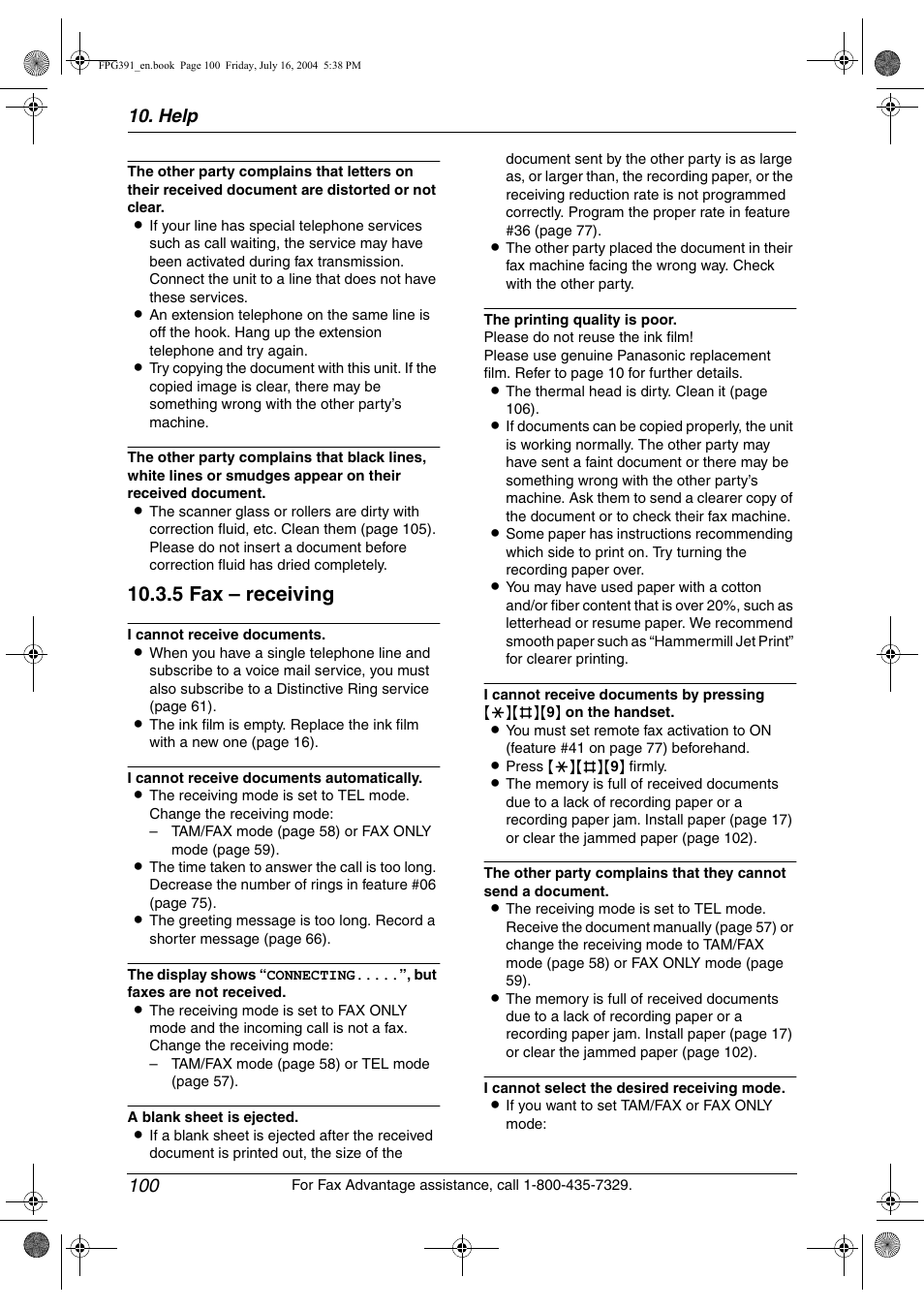 5 fax – receiving, Help 100 | Panasonic KX-FPG391 User Manual | Page 102 / 126