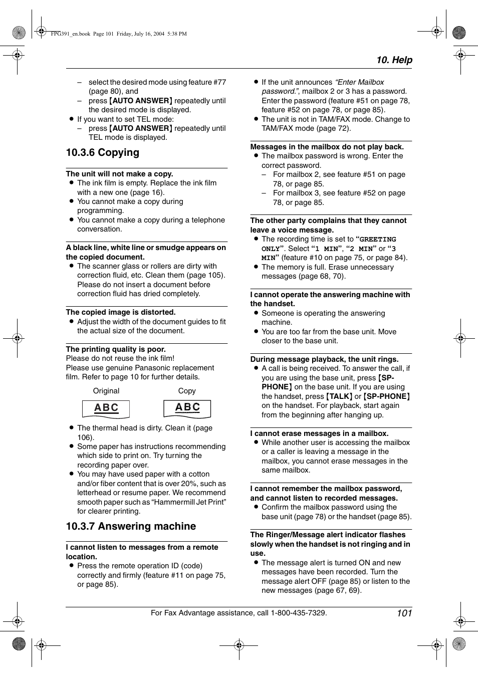 6 copying, 7 answering machine, A b c | Help 101 | Panasonic KX-FPG391 User Manual | Page 103 / 126