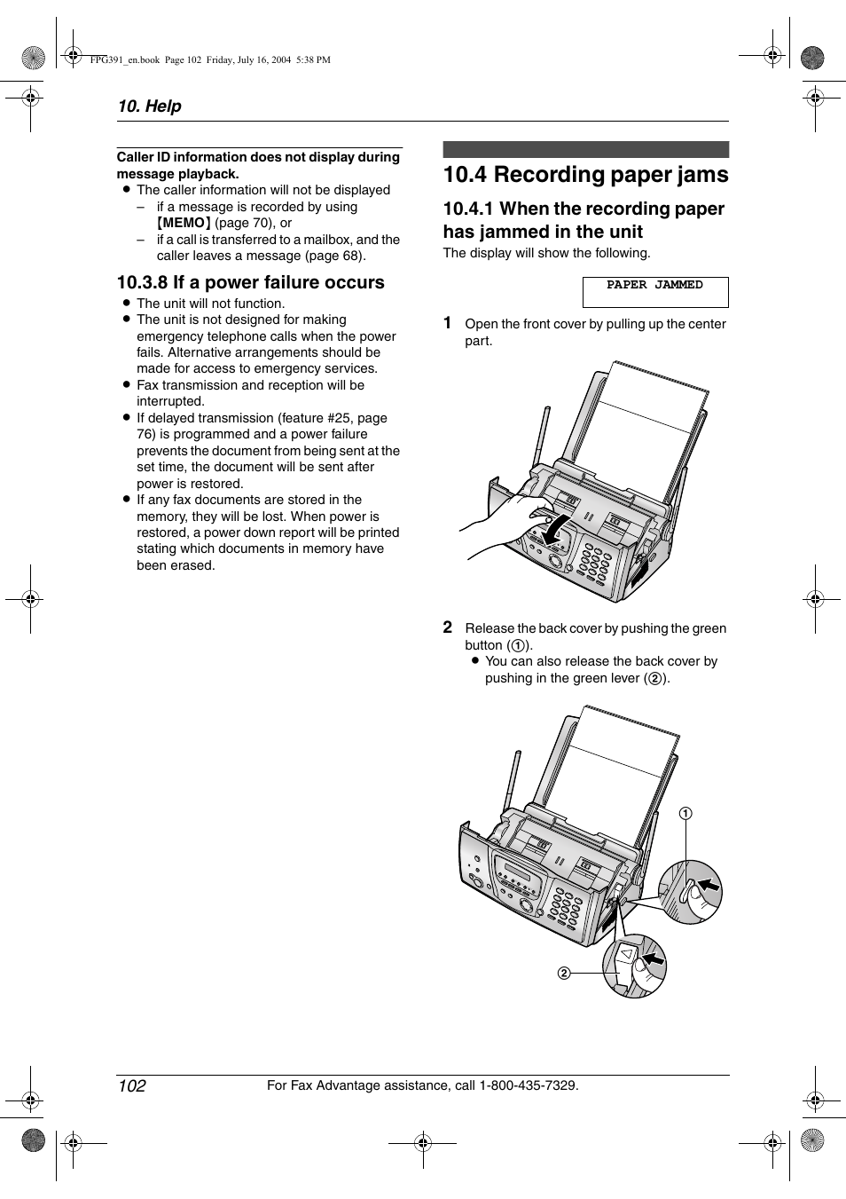 Jams, 4 recording paper jams, Recording paper jams | 4 recording paper jams, 8 if a power failure occurs, 1 when the recording paper has jammed in the unit, Help 102 | Panasonic KX-FPG391 User Manual | Page 104 / 126