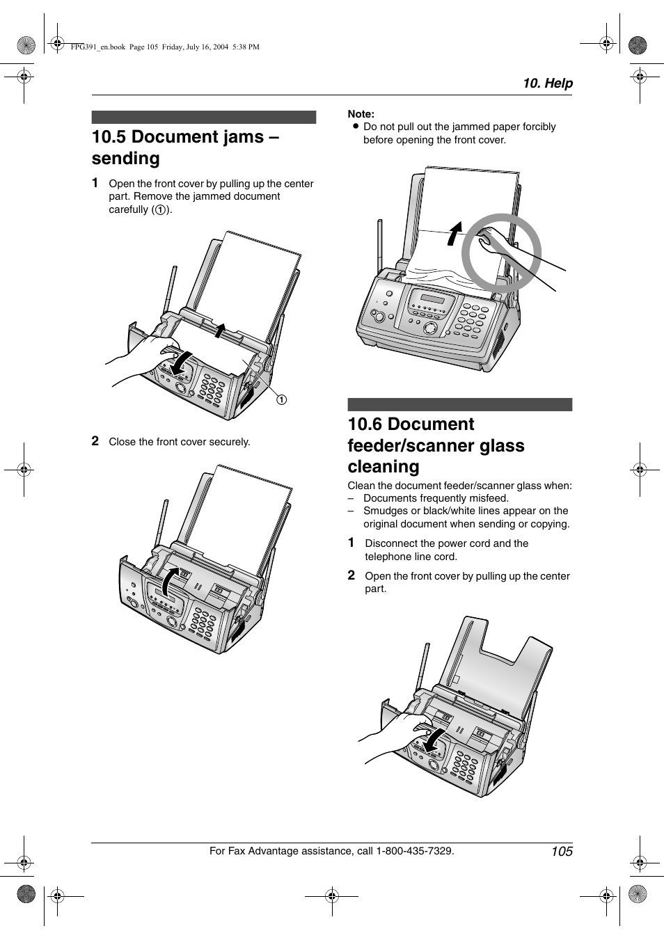 5 document jams – sending, Cleaning, 6 document feeder/scanner glass cleaning | Document jams – sending, Document feeder/scanner glass, 5 document jams – sending, 6 document feeder/scanner glass cleaning | Panasonic KX-FPG391 User Manual | Page 107 / 126