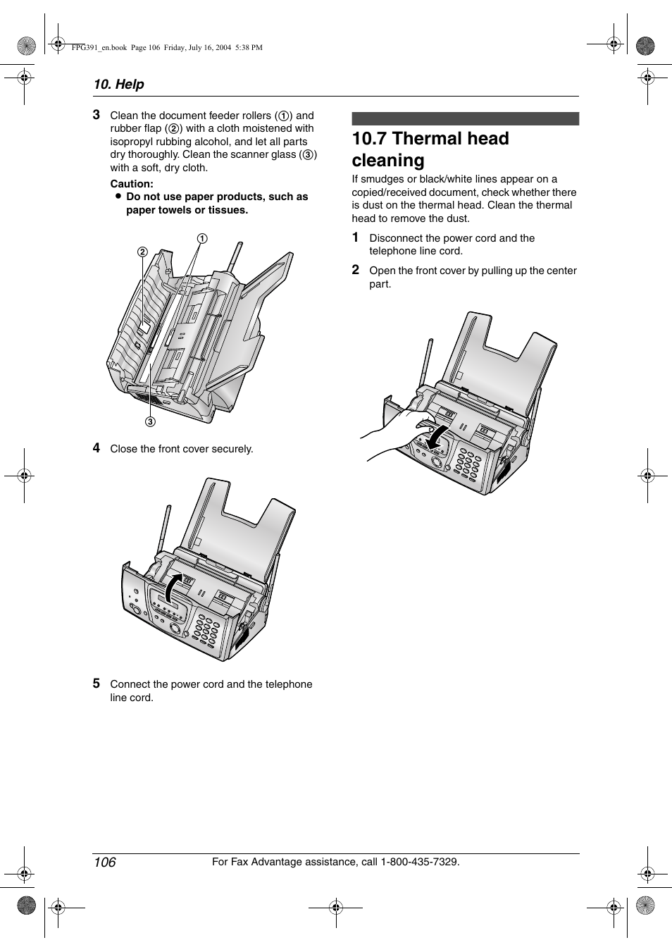 7 thermal head cleaning, Thermal head cleaning, 7 thermal head cleaning | Panasonic KX-FPG391 User Manual | Page 108 / 126