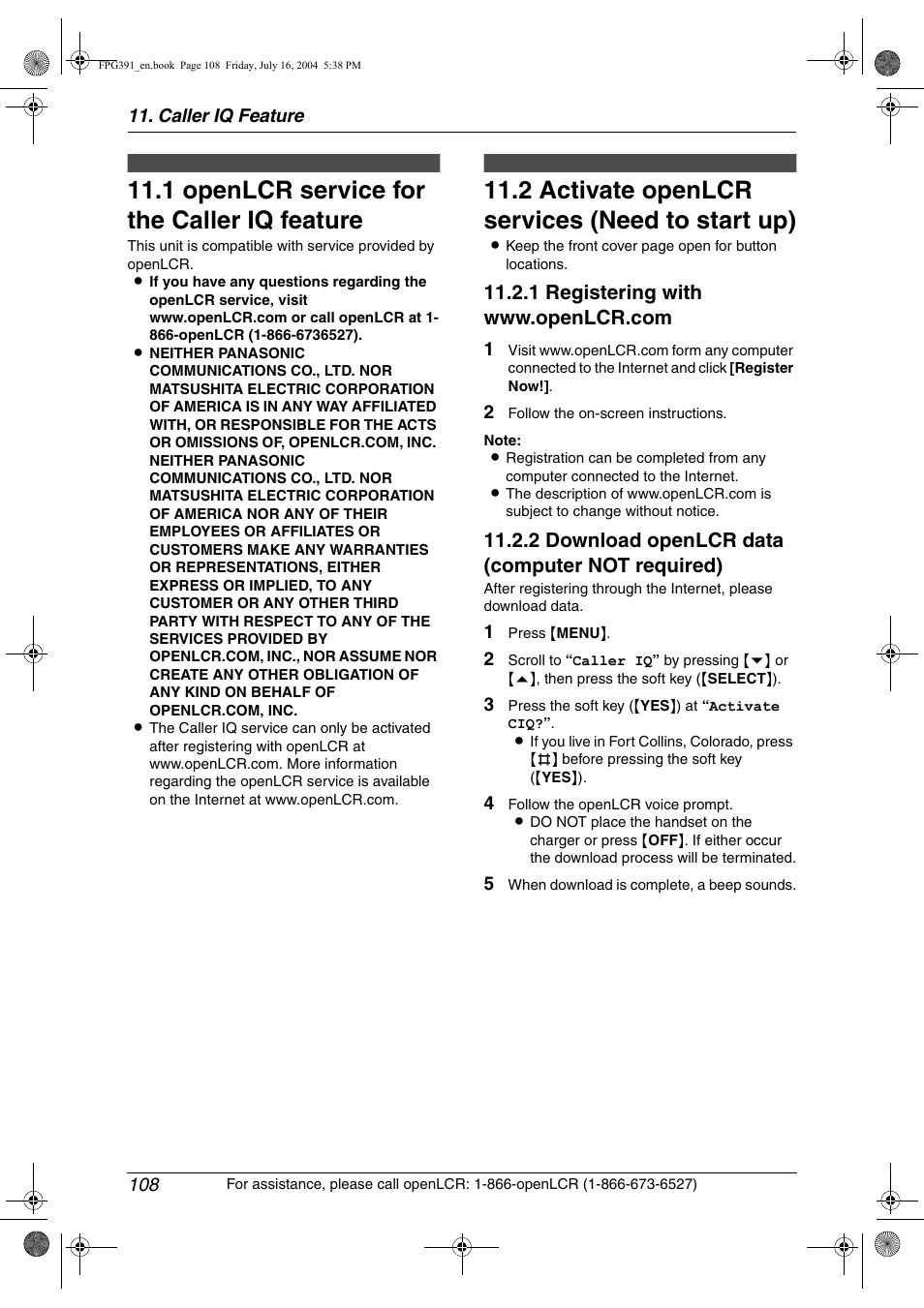 Caller iq feature, 1 openlcr service for the caller iq feature, 2 activate openlcr services (need to start up) | Openlcr service for the caller iq, Feature, Activate openlcr services (need to, Start up), 1 openlcr service for the caller iq feature, 2 activate openlcr services (need to start up), 2 download openlcr data (computer not required) | Panasonic KX-FPG391 User Manual | Page 110 / 126