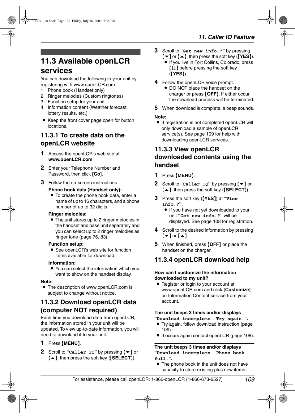 3 available openlcr services, Available openlcr services, 3 available openlcr services | 1 to create data on the openlcr website, 2 download openlcr data (computer not required), 4 openlcr download help | Panasonic KX-FPG391 User Manual | Page 111 / 126
