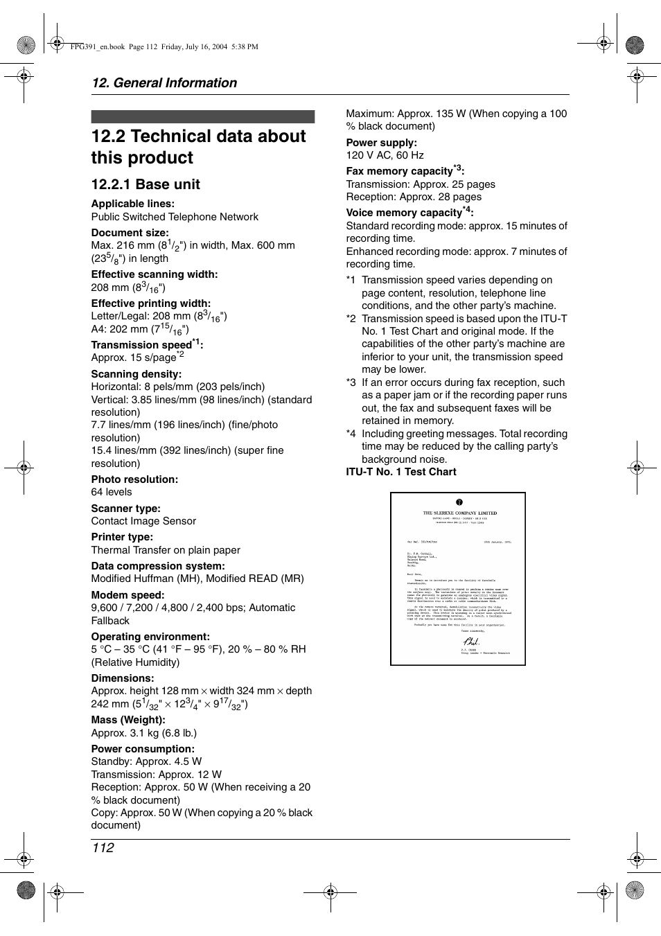 Specifications, 2 technical data about this product, Technical data about this product | 2 technical data about this product, 1 base unit, General information 112 | Panasonic KX-FPG391 User Manual | Page 114 / 126