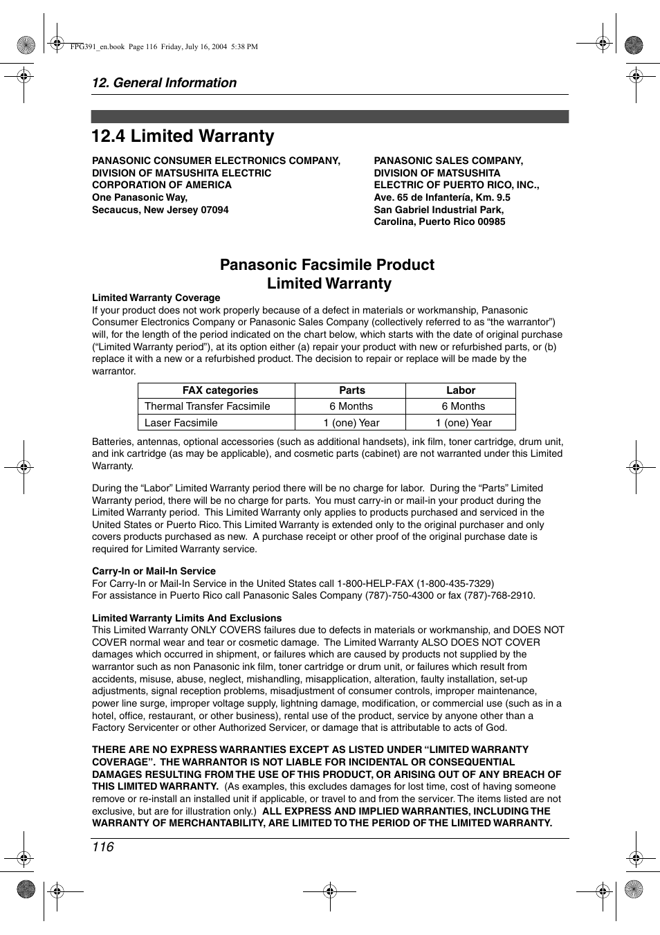 Limited warranty, 4 limited warranty, 4 limited warranty | Panasonic facsimile product limited warranty, General information 116 | Panasonic KX-FPG391 User Manual | Page 118 / 126