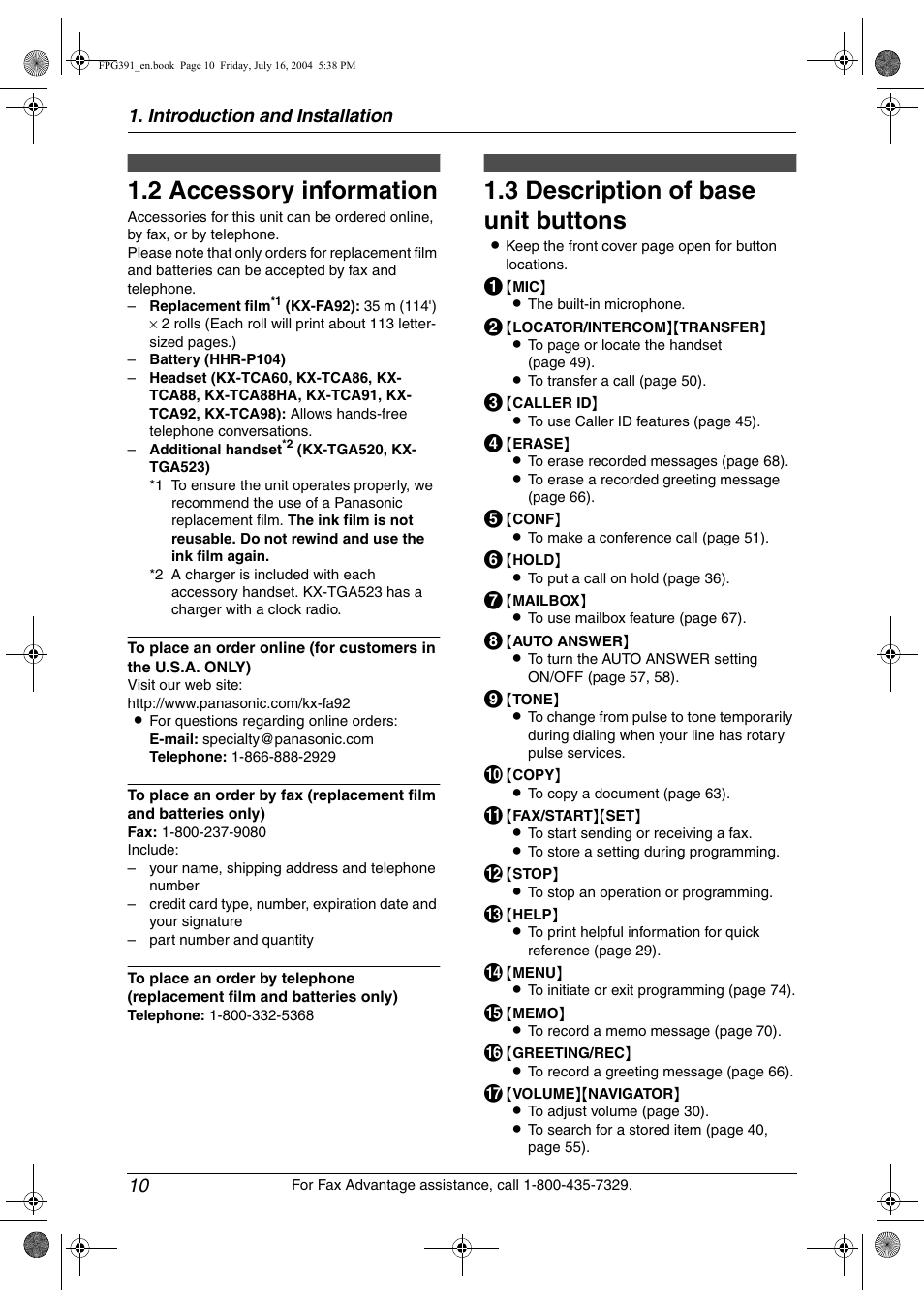 2 accessory information, Finding the controls, 3 description of base unit buttons | Accessory information, Description of base unit buttons, 2 accessory information, 3 description of base unit buttons | Panasonic KX-FPG391 User Manual | Page 12 / 126