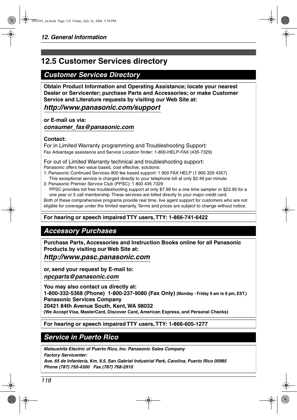 Customer services, 5 customer services directory, Customer services directory | 5 customer services directory, Accessory purchases service in puerto rico | Panasonic KX-FPG391 User Manual | Page 120 / 126