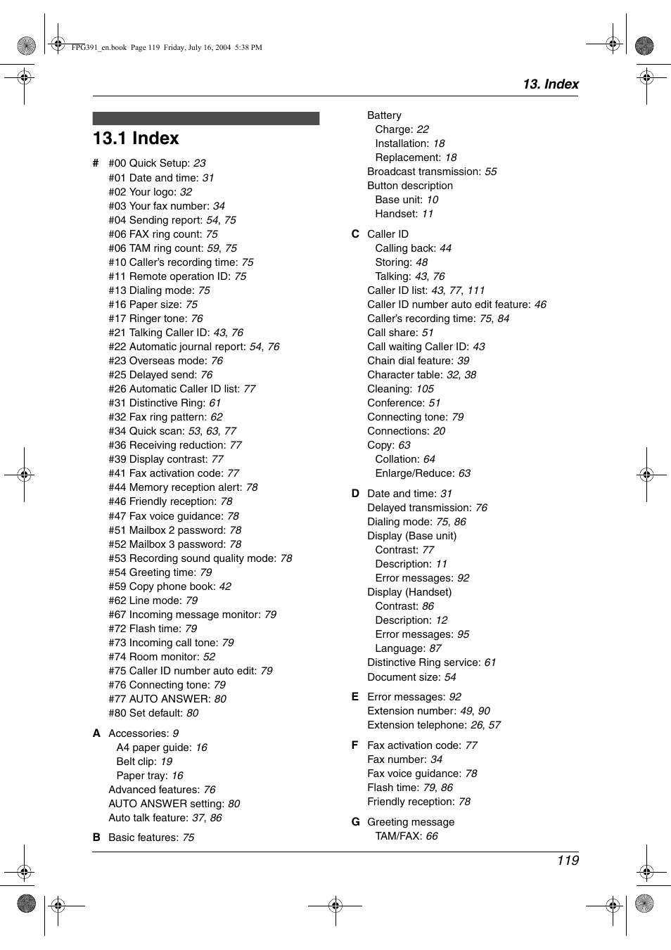 Index, 1 index, Index 119 | Panasonic KX-FPG391 User Manual | Page 121 / 126