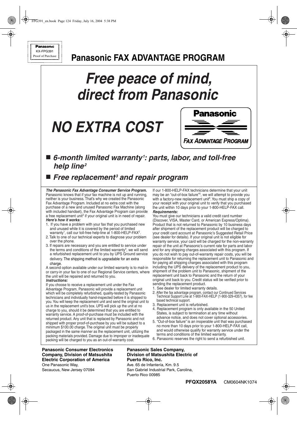 Panasonic fax advantage program, Month limited warranty, Parts, labor, and toll-free help line | Free replacement, And repair program | Panasonic KX-FPG391 User Manual | Page 126 / 126