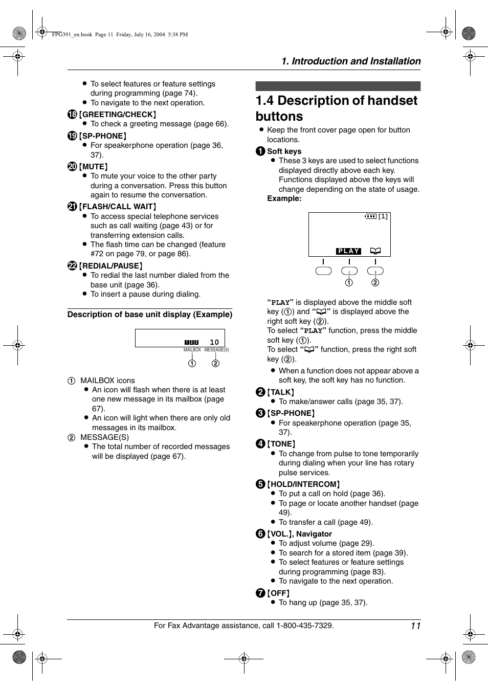 4 description of handset buttons, Description of handset buttons, 4 description of handset buttons | Introduction and installation 11 | Panasonic KX-FPG391 User Manual | Page 13 / 126