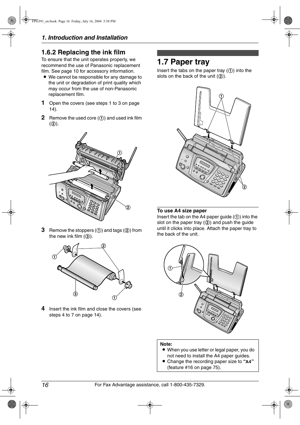 7 paper tray, Paper tray, 7 paper tray | 2 replacing the ink film | Panasonic KX-FPG391 User Manual | Page 18 / 126