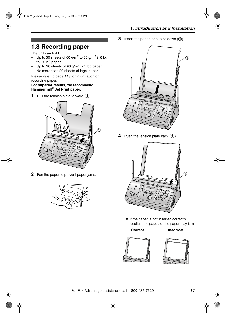 8 recording paper, Installation (handset), Recording paper | 8 recording paper, Introduction and installation 17 | Panasonic KX-FPG391 User Manual | Page 19 / 126