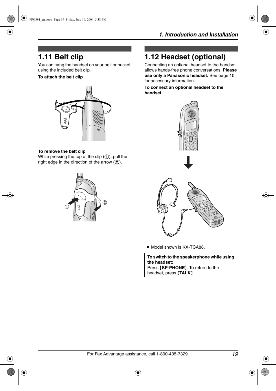 11 belt clip, 12 headset (optional), Belt clip | Headset (optional), 11 belt clip, 12 headset (optional) | Panasonic KX-FPG391 User Manual | Page 21 / 126