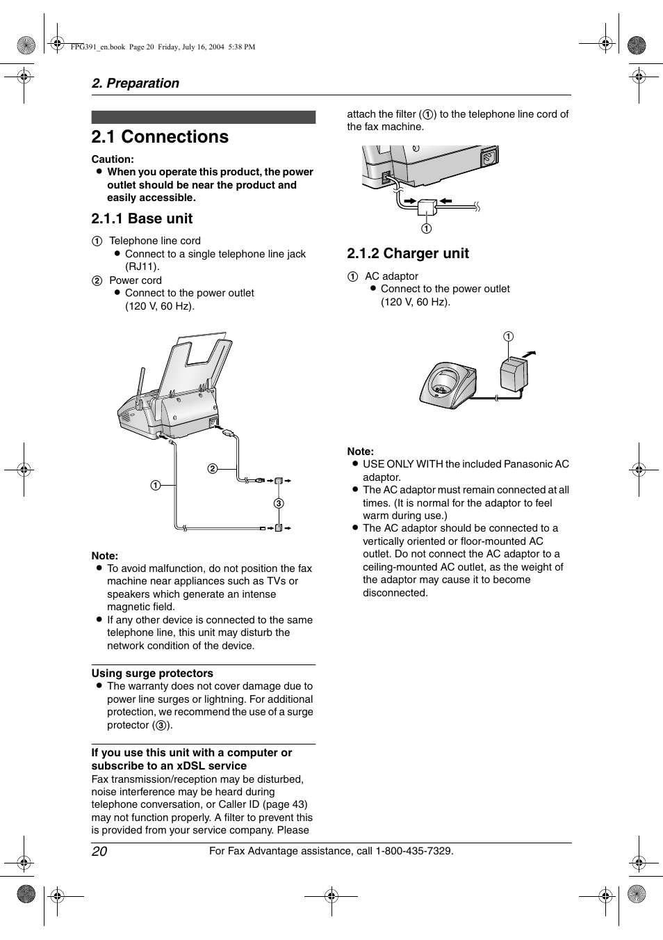 Preparation, Connections and setup, 1 connections | Connections, 1 connections, 1 base unit, 2 charger unit, Preparation 20 | Panasonic KX-FPG391 User Manual | Page 22 / 126