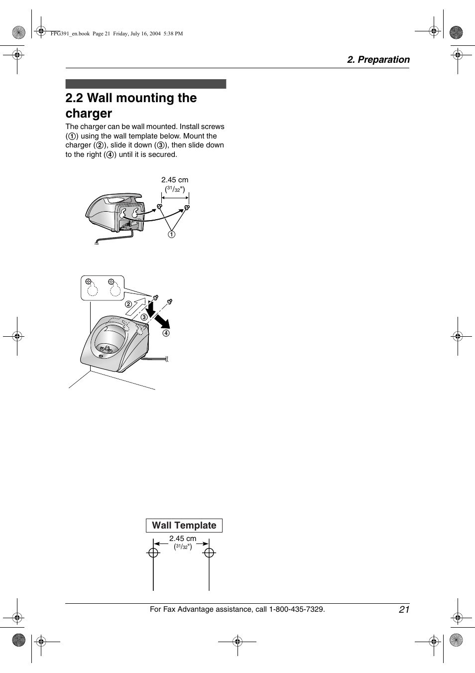 2 wall mounting the charger, Wall mounting the charger, 2 wall mounting the charger | Preparation 21, Wall template | Panasonic KX-FPG391 User Manual | Page 23 / 126