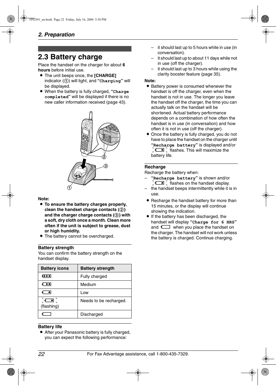 3 battery charge, Battery charge, 3 battery charge | Preparation 22 | Panasonic KX-FPG391 User Manual | Page 24 / 126