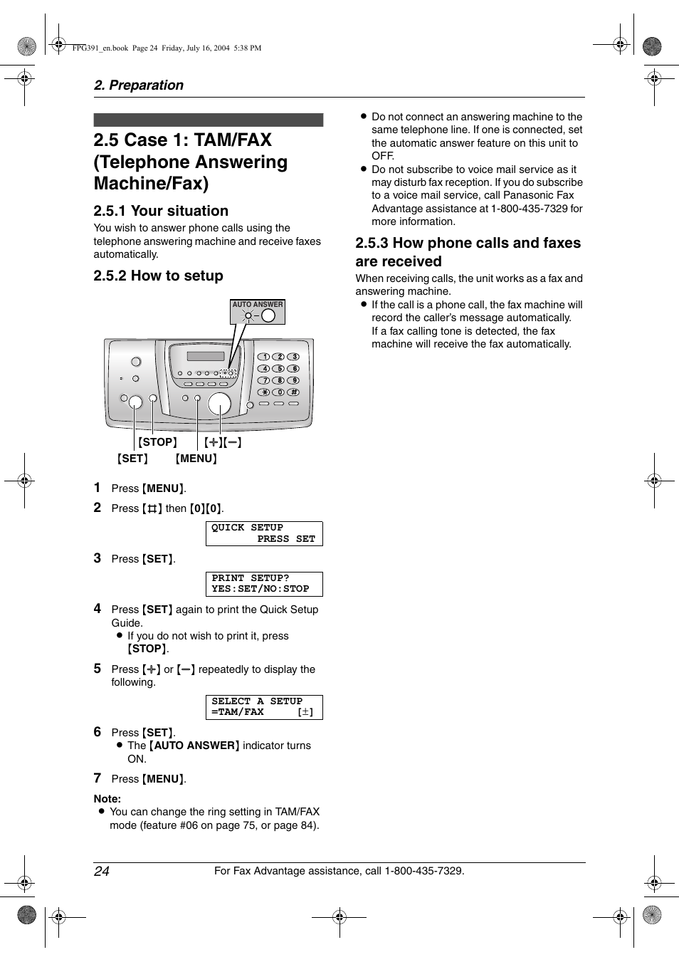 Case 1: tam/fax (telephone answering machine/fax), 1 your situation, 2 how to setup | 3 how phone calls and faxes are received | Panasonic KX-FPG391 User Manual | Page 26 / 126