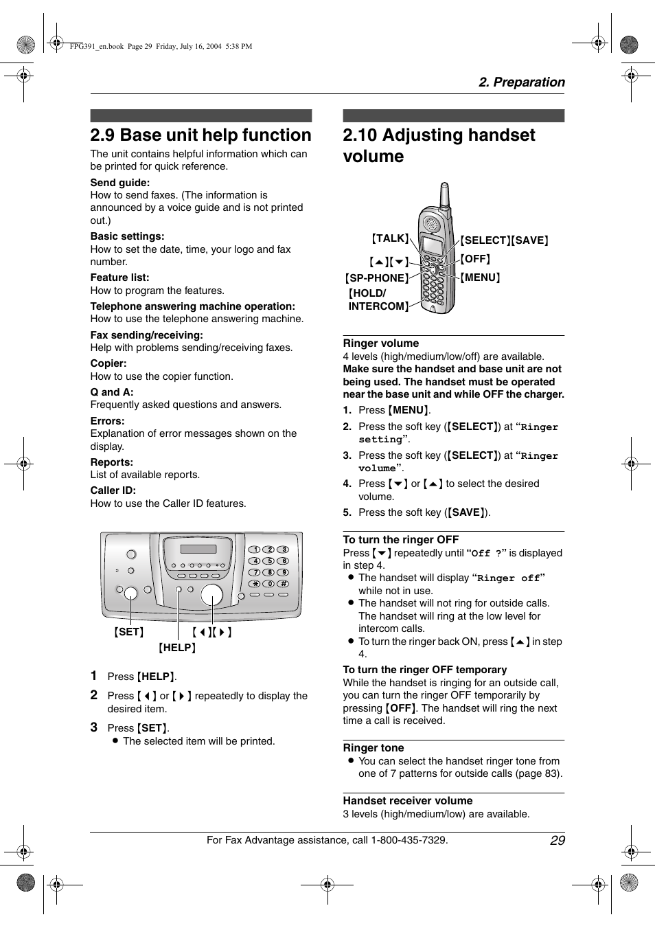 Help button, 9 base unit help function, Volume | 10 adjusting handset volume, Base unit help function, Adjusting handset volume, 9 base unit help function, 10 adjusting handset volume, Preparation 29 | Panasonic KX-FPG391 User Manual | Page 31 / 126