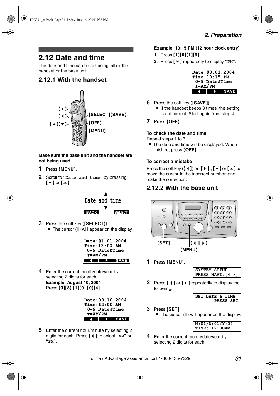 Initial programming, 12 date and time, Date and time | 12 date and time, 1 with the handset, 2 with the base unit | Panasonic KX-FPG391 User Manual | Page 33 / 126