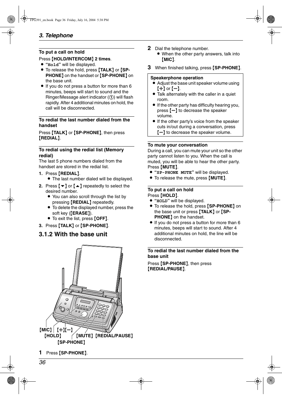 2 with the base unit, Telephone 36 | Panasonic KX-FPG391 User Manual | Page 38 / 126