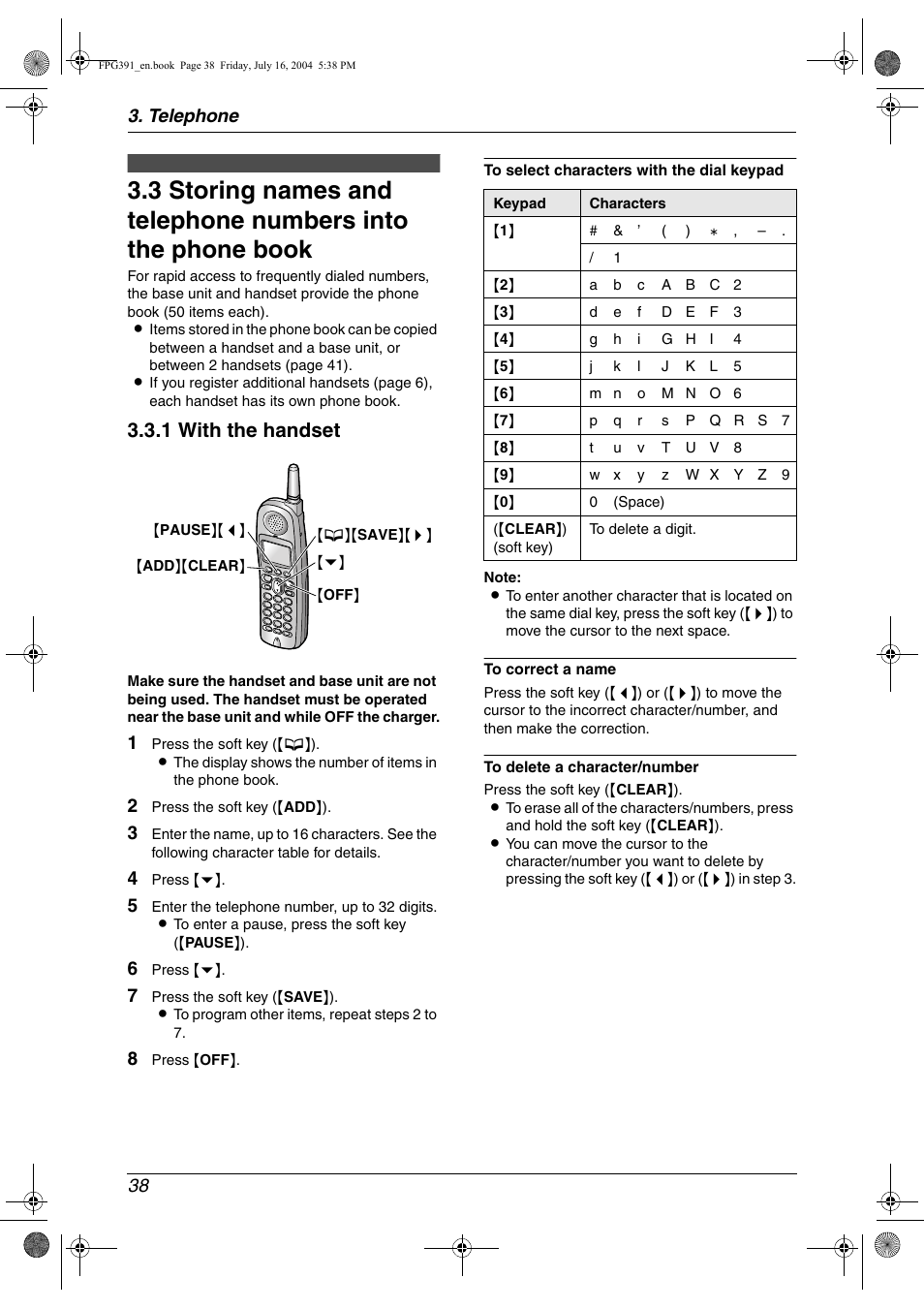 1 with the handset, Telephone 38 | Panasonic KX-FPG391 User Manual | Page 40 / 126
