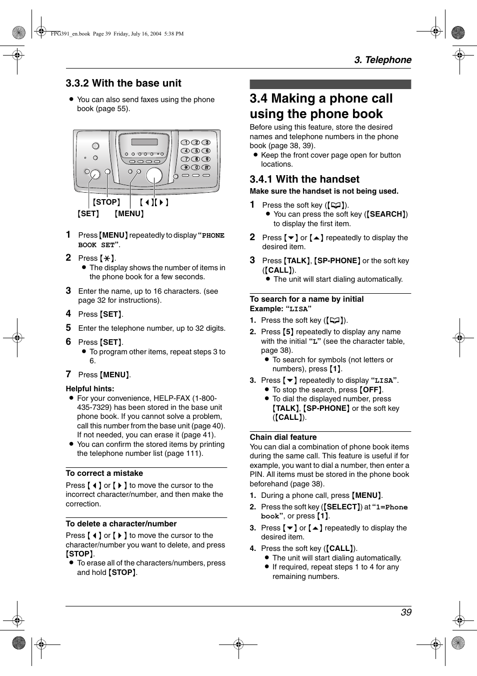 4 making a phone call using the phone book, Making a phone call using the phone book, 4 making a phone call using the phone book | 2 with the base unit, 1 with the handset | Panasonic KX-FPG391 User Manual | Page 41 / 126
