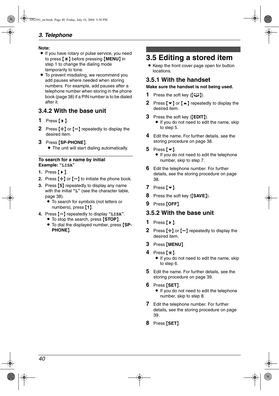 5 editing a stored item, Editing a stored item, 5 editing a stored item | 2 with the base unit, 1 with the handset | Panasonic KX-FPG391 User Manual | Page 42 / 126